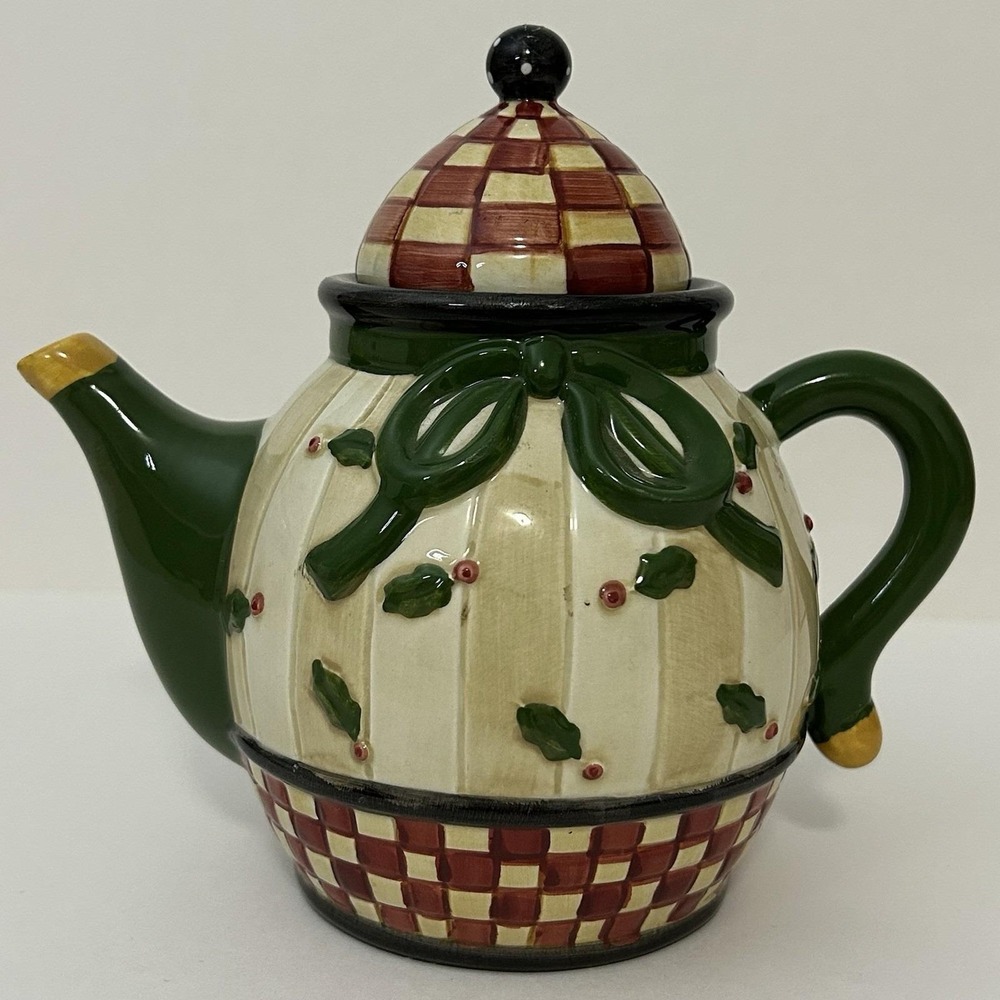 Debbie Mumm Sakura Mini Teapot‎ Christmas Holly Checkerboard Hand Painted